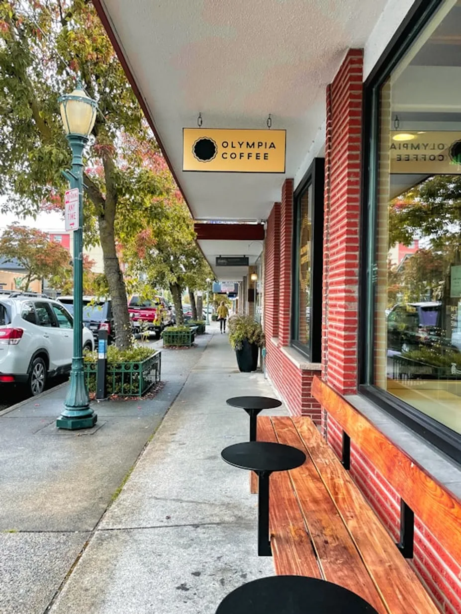 sidewalk view with a row of benches and a coffee shop