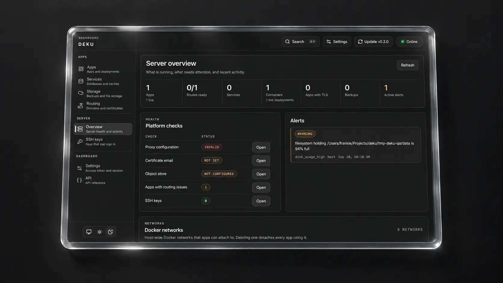 Deku server dashboard in dark theme