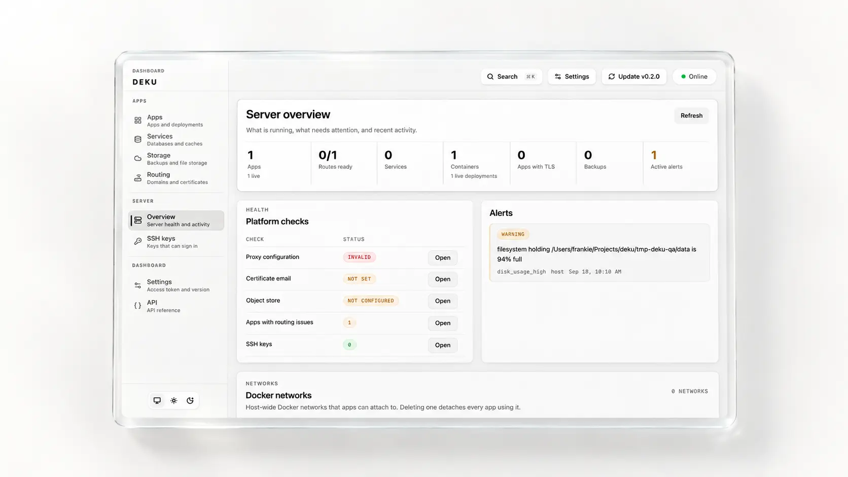 Deku server dashboard in light theme